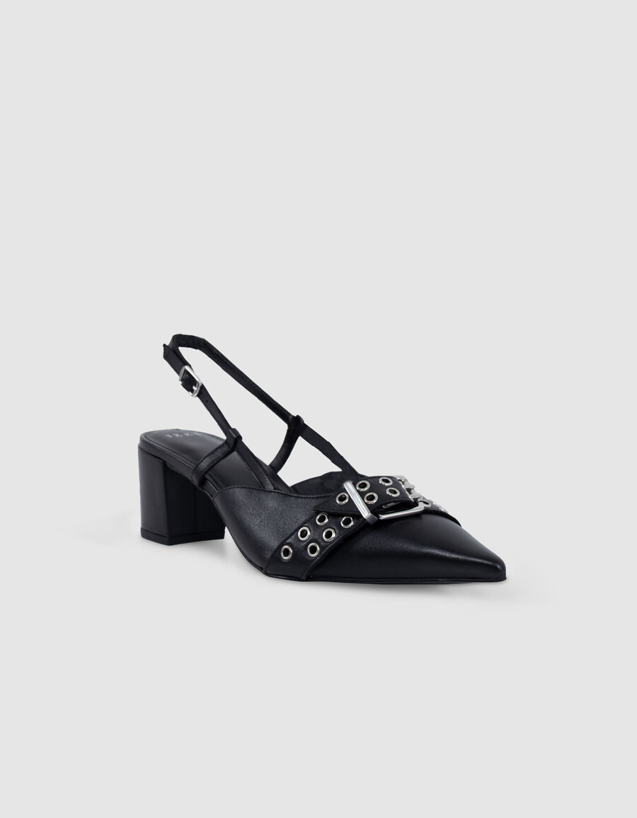 schwarze damen-slingback-pumps aus leder mit ösen