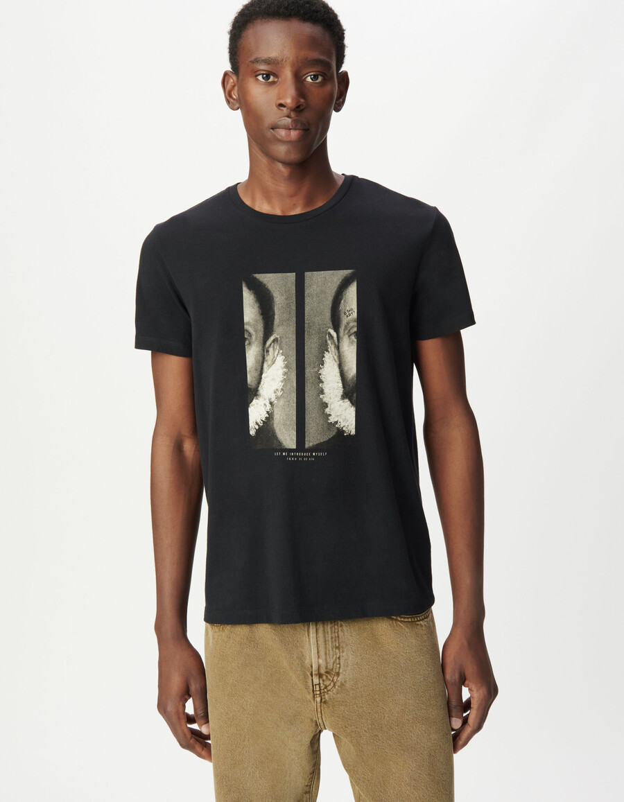 schwarzes t-shirt mit visuellem porträt für herren