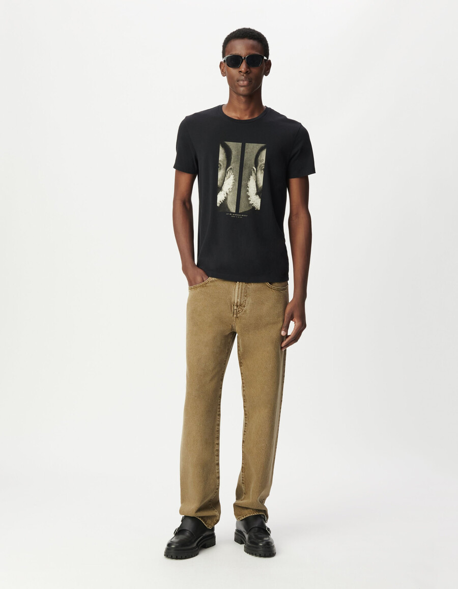 schwarzes t-shirt mit visuellem porträt für herren