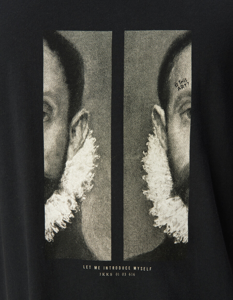 schwarzes t-shirt mit visuellem porträt für herren
