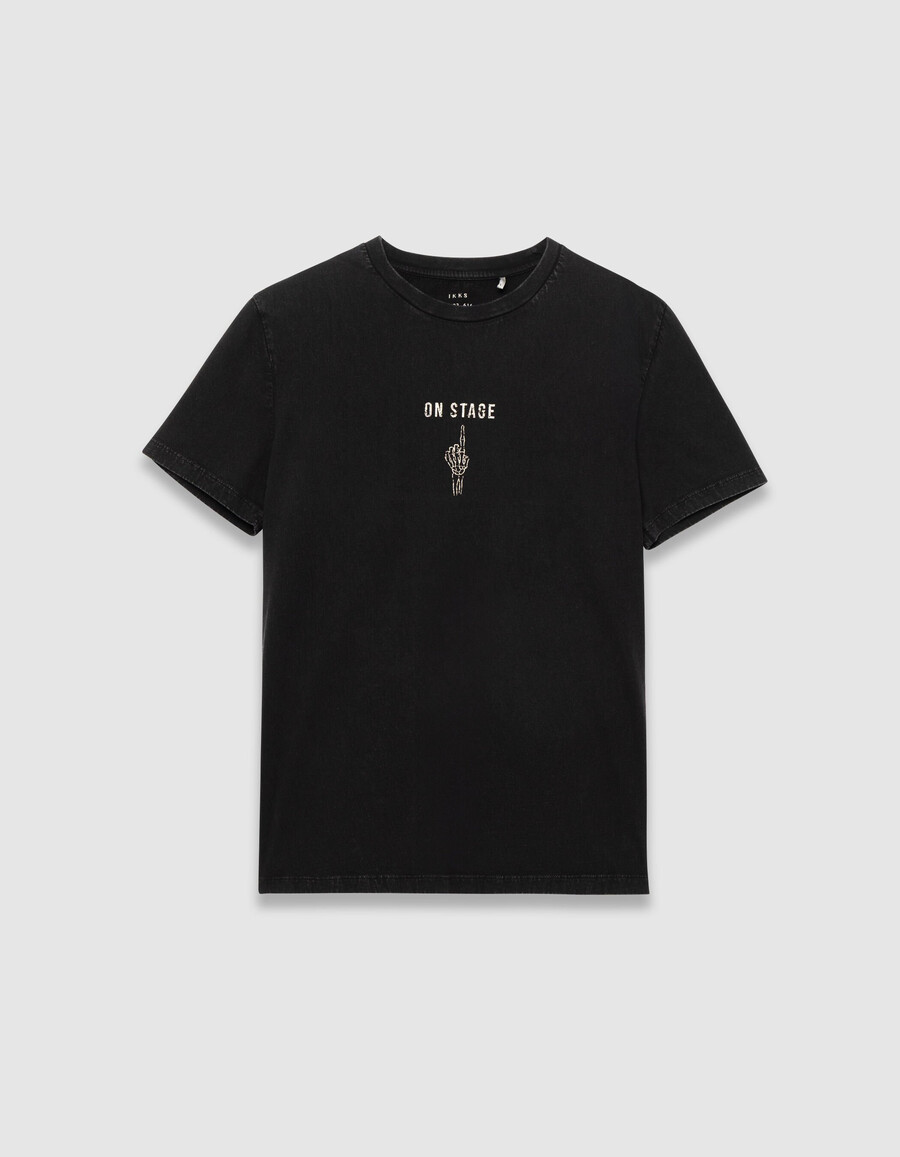 schwarzes herren-t-shirt mit kurzen ärmeln und handmotiv