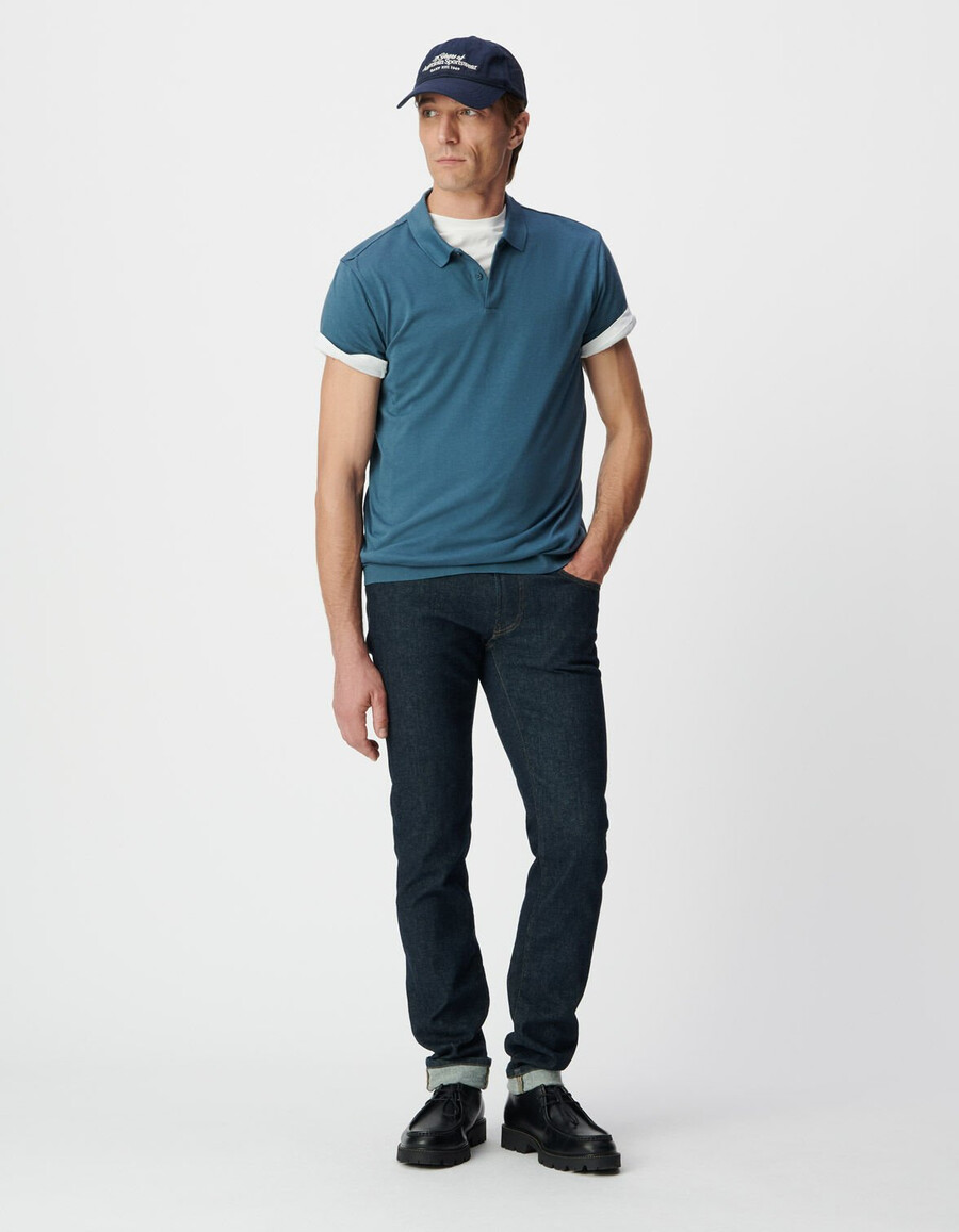 herren-polohemd aus blauem baumwoll-modal mit kurzen ärmeln
