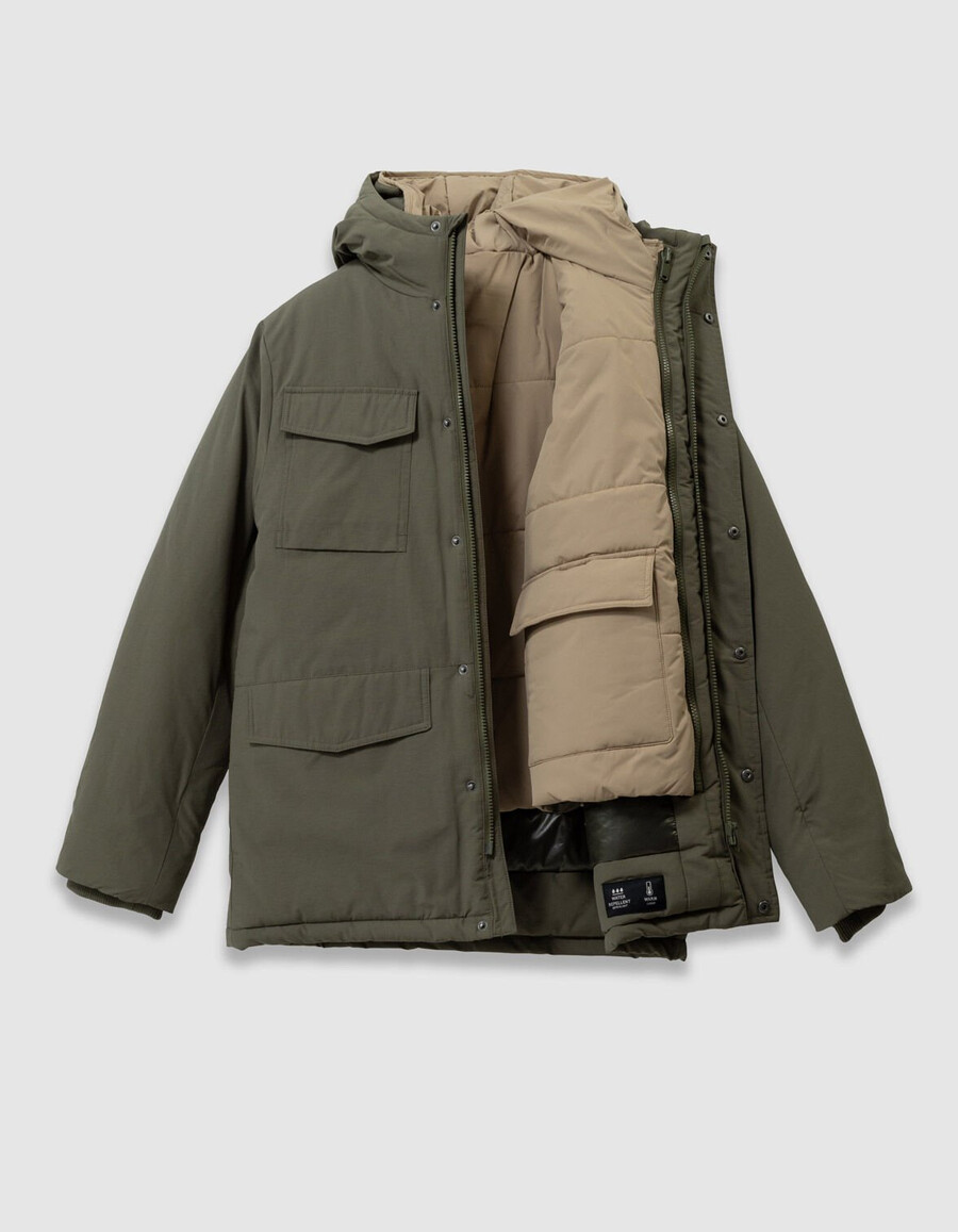 3-in-1-parka und wendbare steppjacke für jungen in khaki.