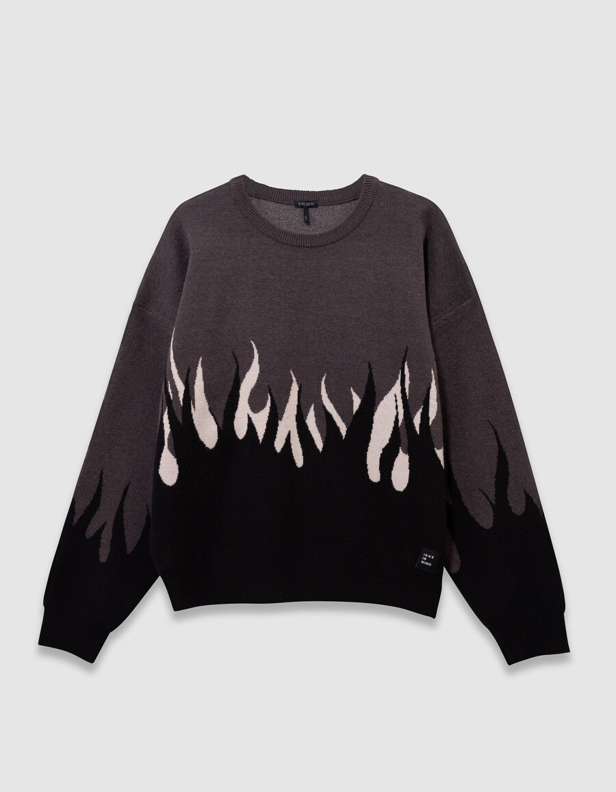 grauer jacquard-strickpullover mit flammenmuster für jungen
