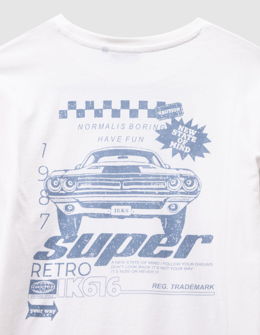 weißes t-shirt aus bio-baumwolle für jungen mit automotiv auf dem rücken