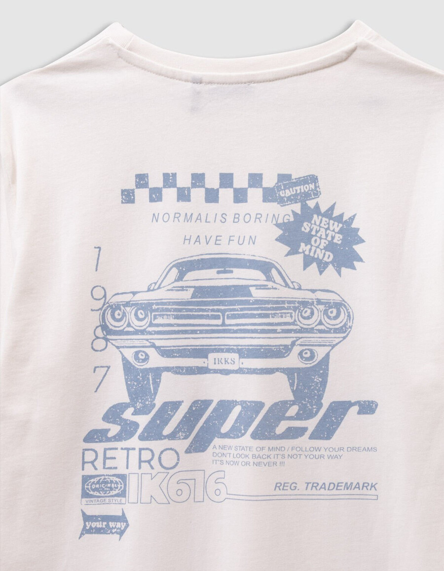 weißes t-shirt aus bio-baumwolle für jungen mit automotiv auf dem rücken