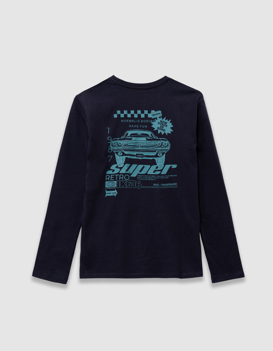 marineblaues t-shirt aus bio-baumwolle für jungen mit automotiv auf dem rücken
