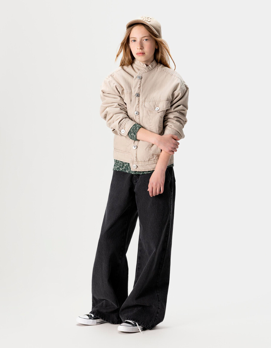 beige canvas-jacke für mädchen mit fellfutter