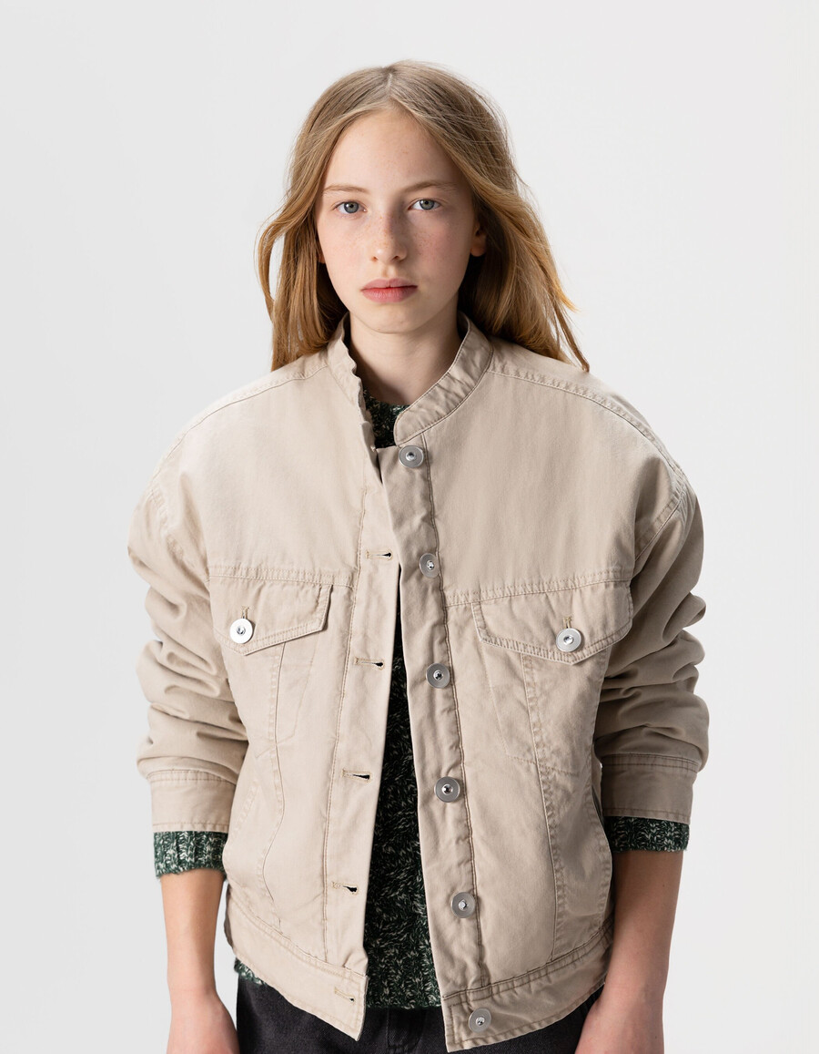 beige canvas-jacke für mädchen mit fellfutter