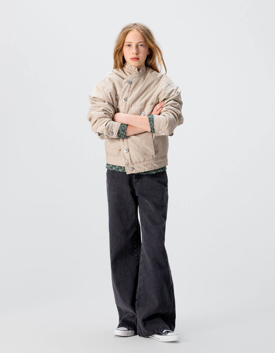 beige canvas-jacke für mädchen mit fellfutter
