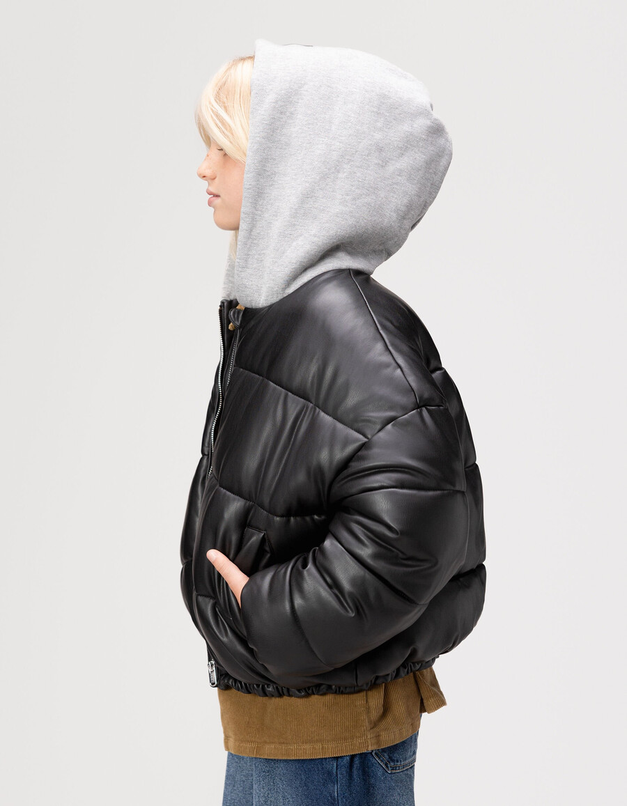 schwarze kurze steppjacke für mädchen kapuzenpullover aus sweatshirtstoff