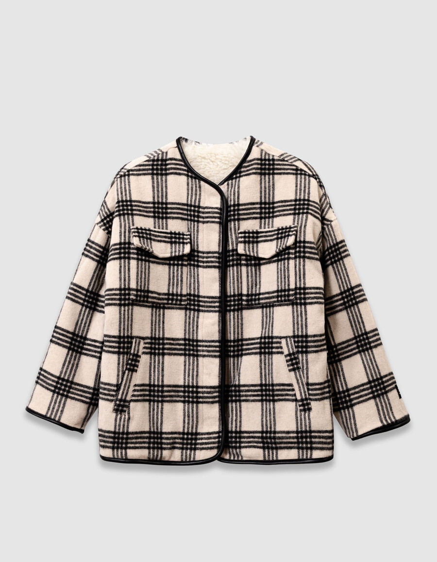 beige karierter und wendbarer mädchenmantel aus sherpa-fleece