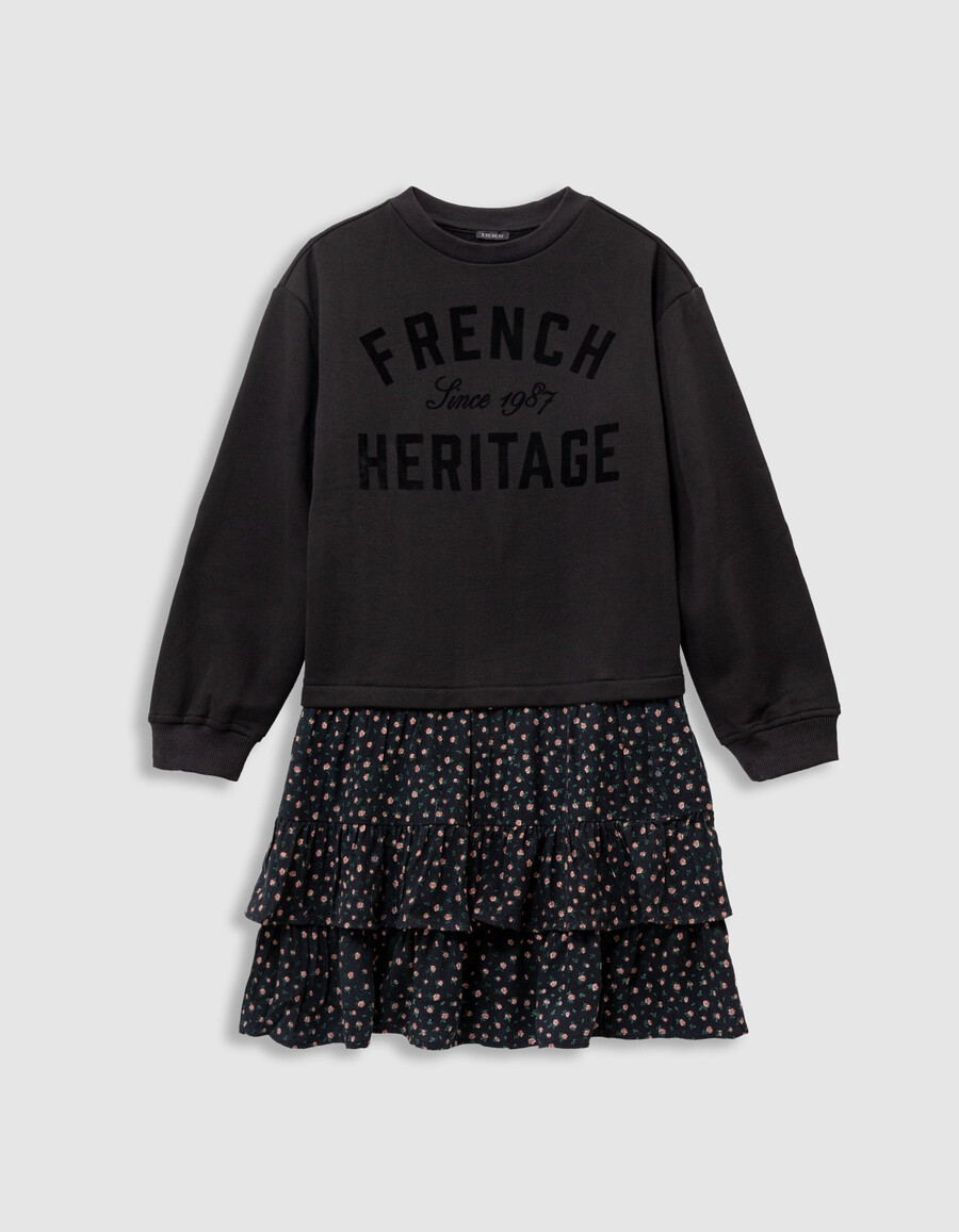 schwarzes sweatshirtkleid für mädchen aus verschiedenen stoffen blumenmuster