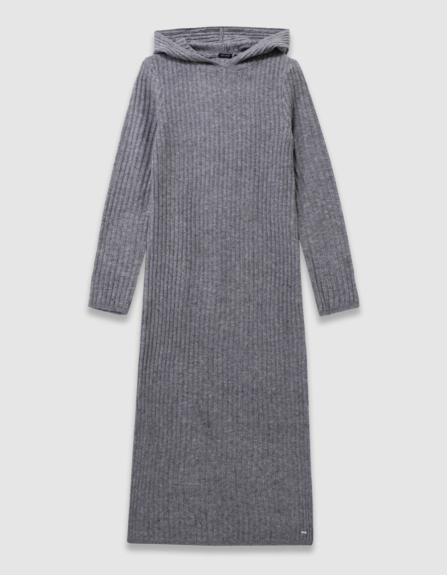 graues geripptes strickkleid mit kapuze für mädchen