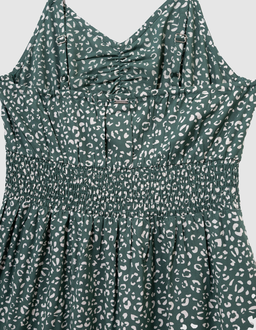 grünes trägerloses langes mädchenkleid mit leopardenmuster