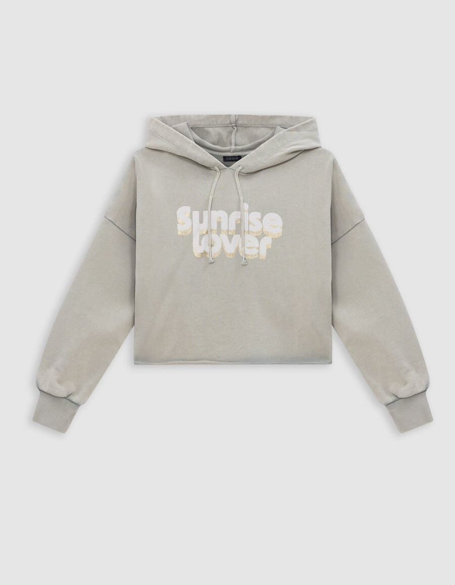 grüner kurzer hoodie mit glitzerbotschaft für mädchen