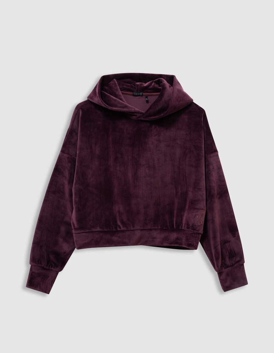 mädchen-kapuzenpullover aus burgunderfarbenem samt