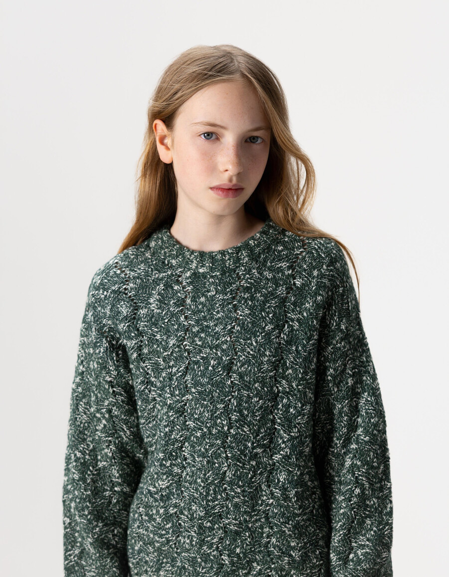 grüner dekorativer mouliné-strickpullover für mädchen