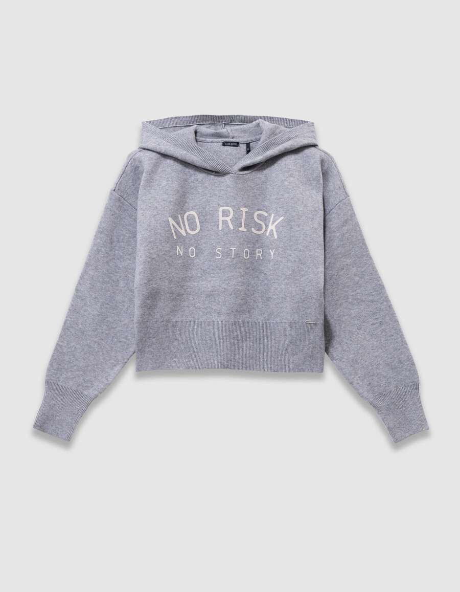 grauer strickhoodie für mädchen mit slogan