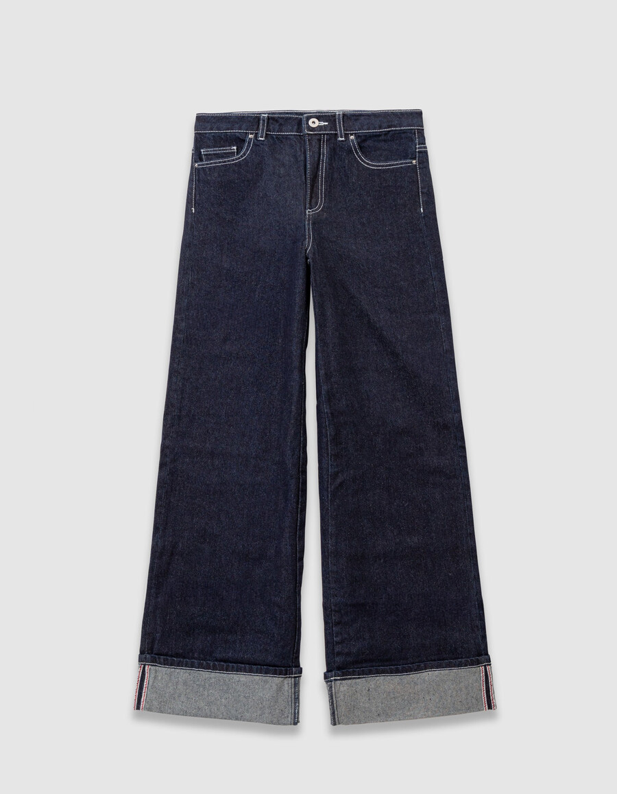 marineblaue mädchenjeans mit weitem bein und festem umschlag