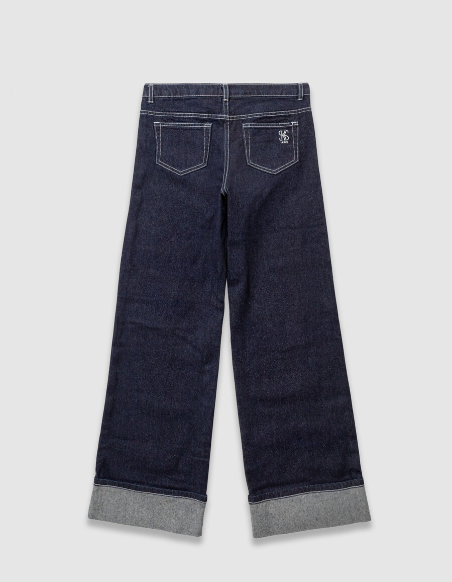 marineblaue mädchenjeans mit weitem bein und festem umschlag