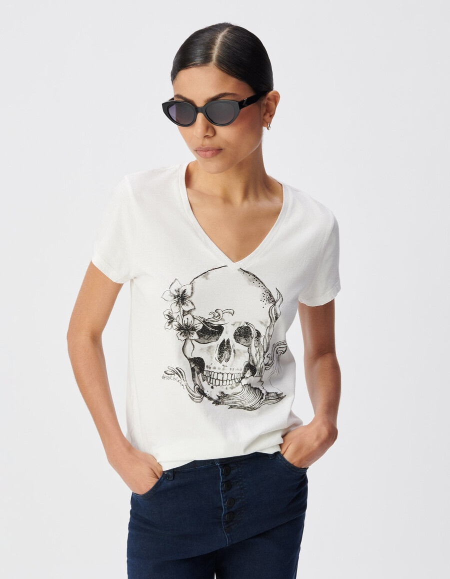 weißes v-ausschnitt-t-shirt aus bio-baumwolle mit totenkopf-motiv für damen