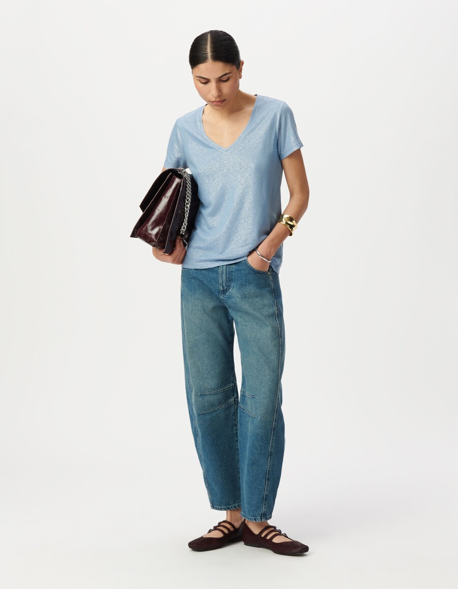 damen-t-shirt in schimmerndem blau mit lockerer passform und kurzen ärmeln