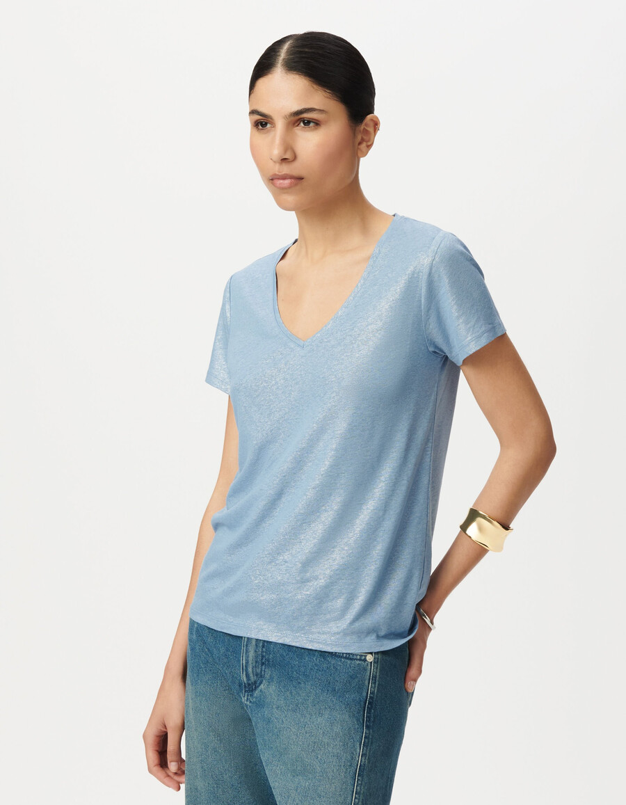 damen-t-shirt in schimmerndem blau mit lockerer passform und kurzen ärmeln