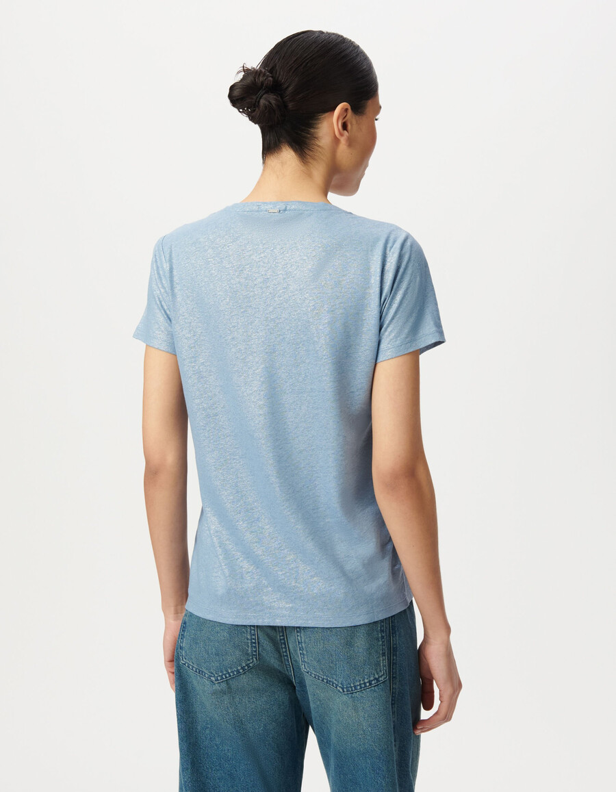 damen-t-shirt in schimmerndem blau mit lockerer passform und kurzen ärmeln