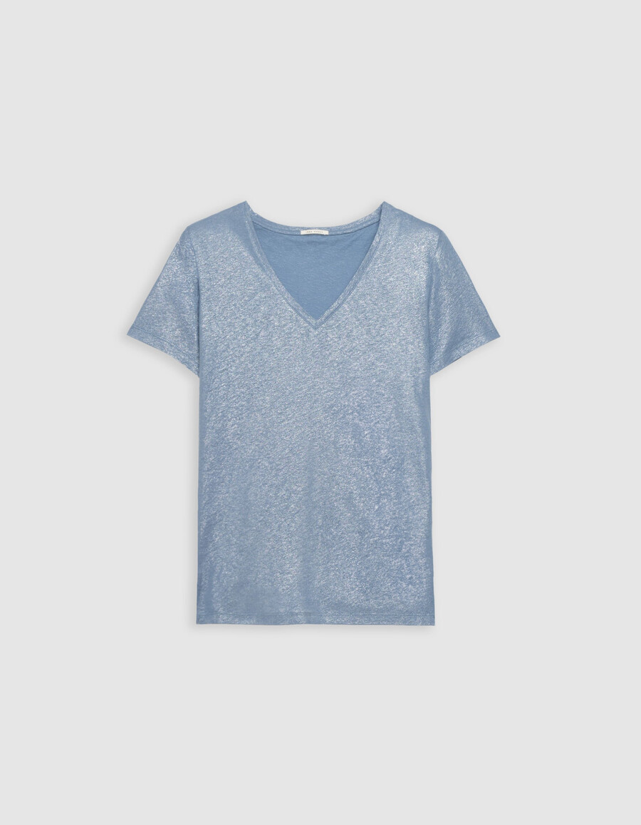 damen-t-shirt in schimmerndem blau mit lockerer passform und kurzen ärmeln