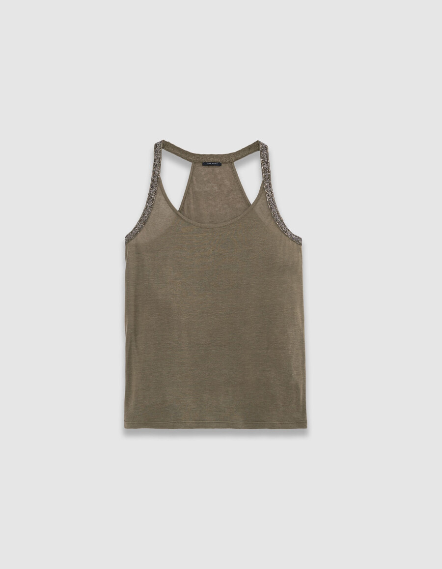 damen-top in khaki mit perlenbestickten armausschnitten