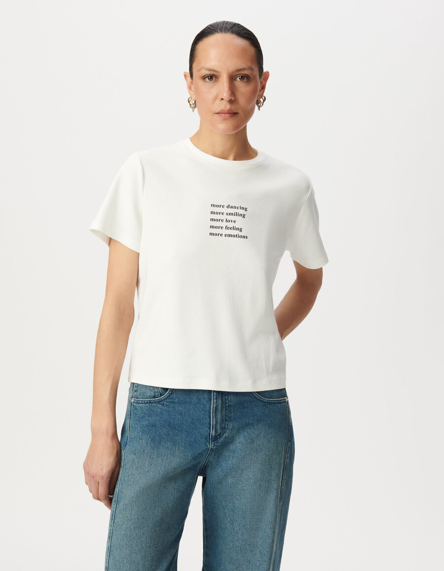 off-white damen-t-shirt mit rundhalsausschnitt und glitzerndem slogan