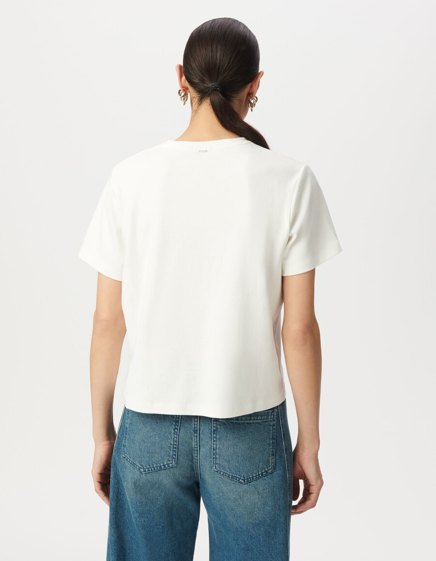 off-white damen-t-shirt mit rundhalsausschnitt und glitzerndem slogan