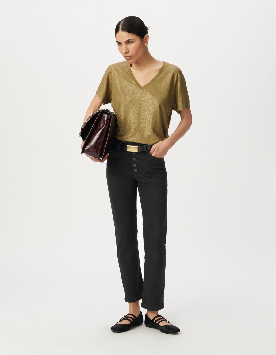 damen-t-shirt mit schimmerndem khaki-rippstrick und kurzen ärmeln