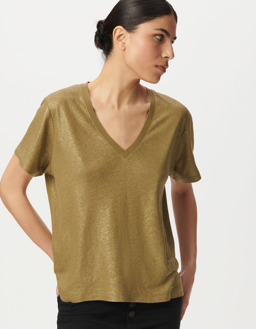 damen-t-shirt mit schimmerndem khaki-rippstrick und kurzen ärmeln