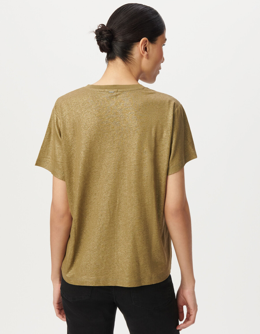 damen-t-shirt mit schimmerndem khaki-rippstrick und kurzen ärmeln