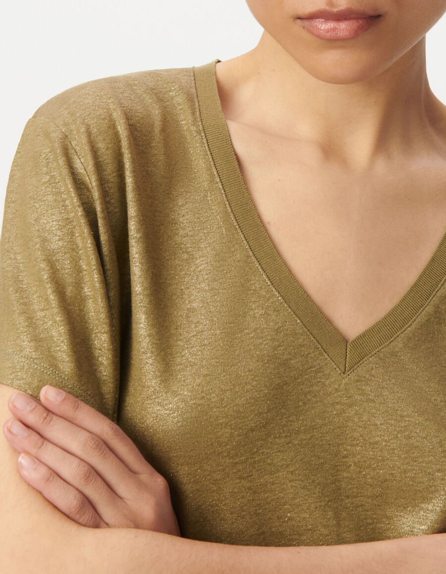 damen-t-shirt mit schimmerndem khaki-rippstrick und kurzen ärmeln