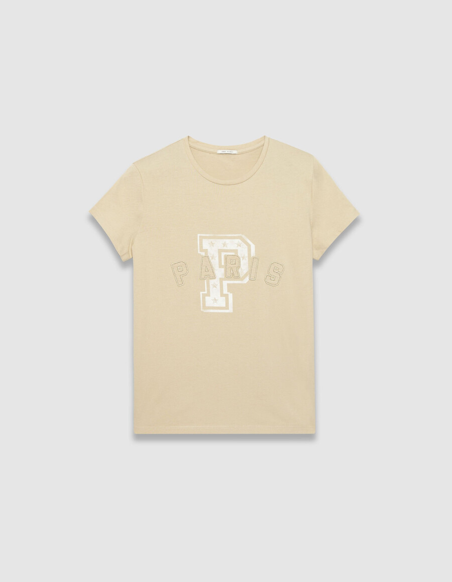 beiges damen-t-shirt mit gesticktem buchstaben-slogan