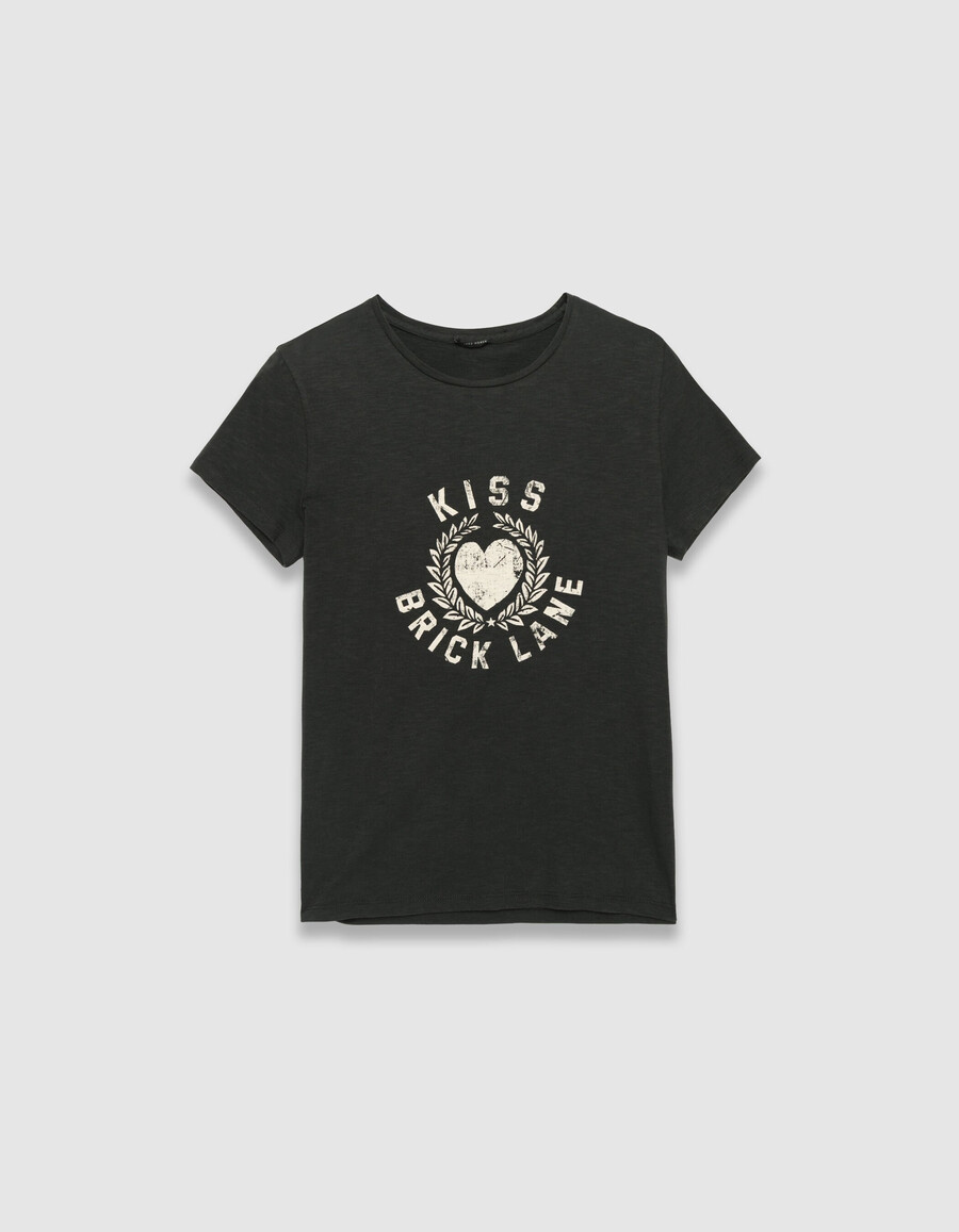 graues damen-t-shirt aus bio-baumwolle mit slogan und herzmotiv