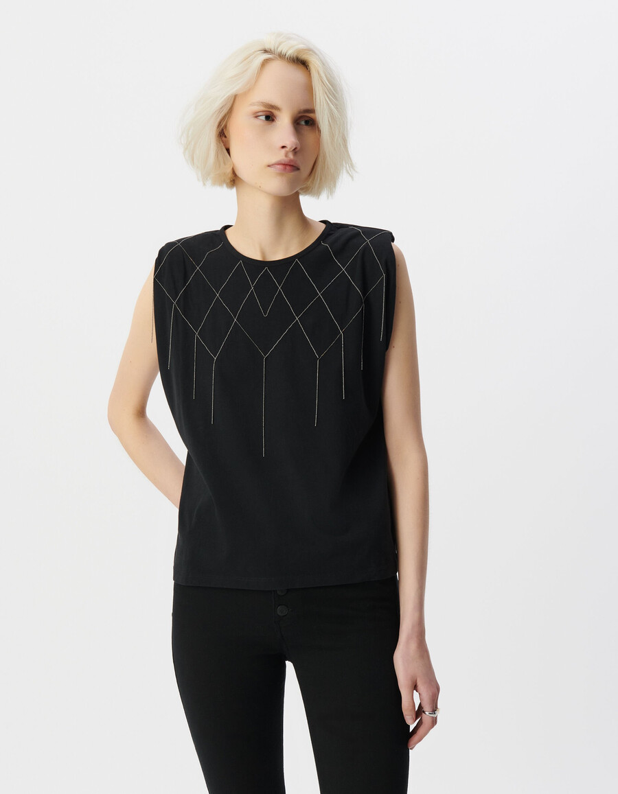 schwarzes damen-t-shirt mit schulterklappen und mikroperlenverzierung