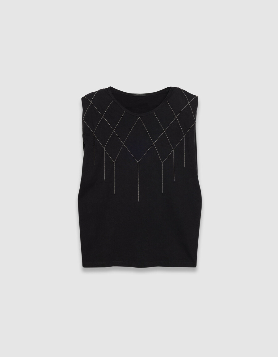 schwarzes damen-t-shirt mit schulterklappen und mikroperlenverzierung