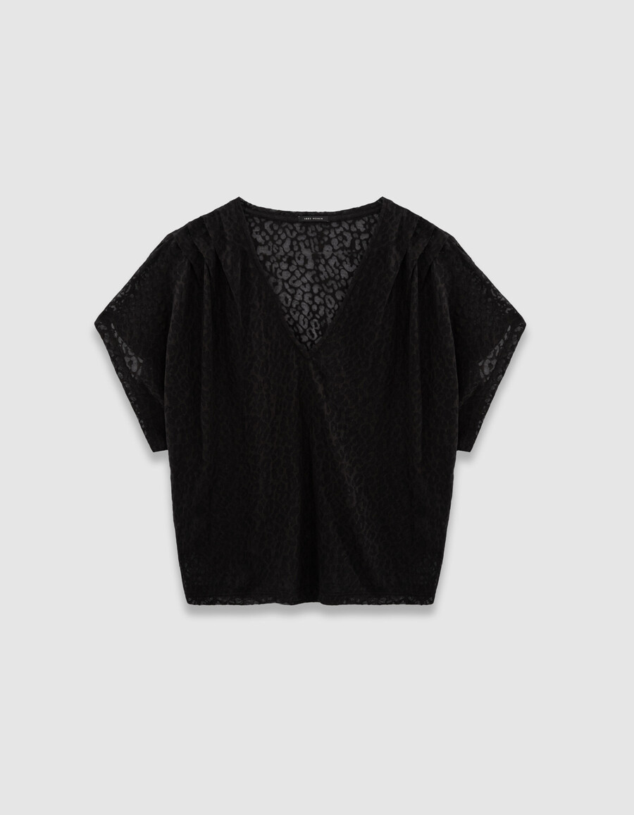 schwarzes damen-t-shirt mit v-ausschnitt und transparentem leopardenmuster