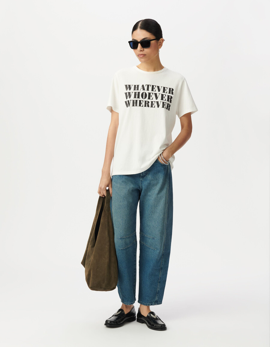 weißes damen-t-shirt mit schwarzem glitzer-slogan