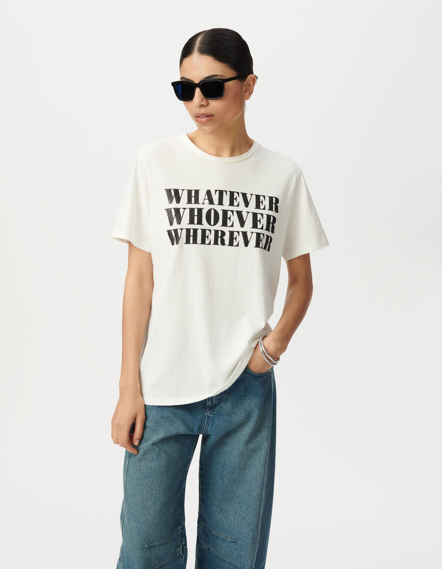 weißes damen-t-shirt mit schwarzem glitzer-slogan