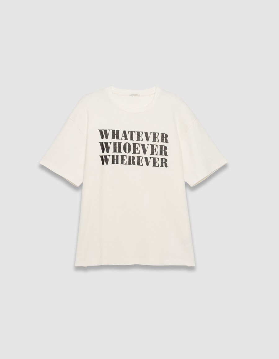 weißes damen-t-shirt mit schwarzem glitzer-slogan