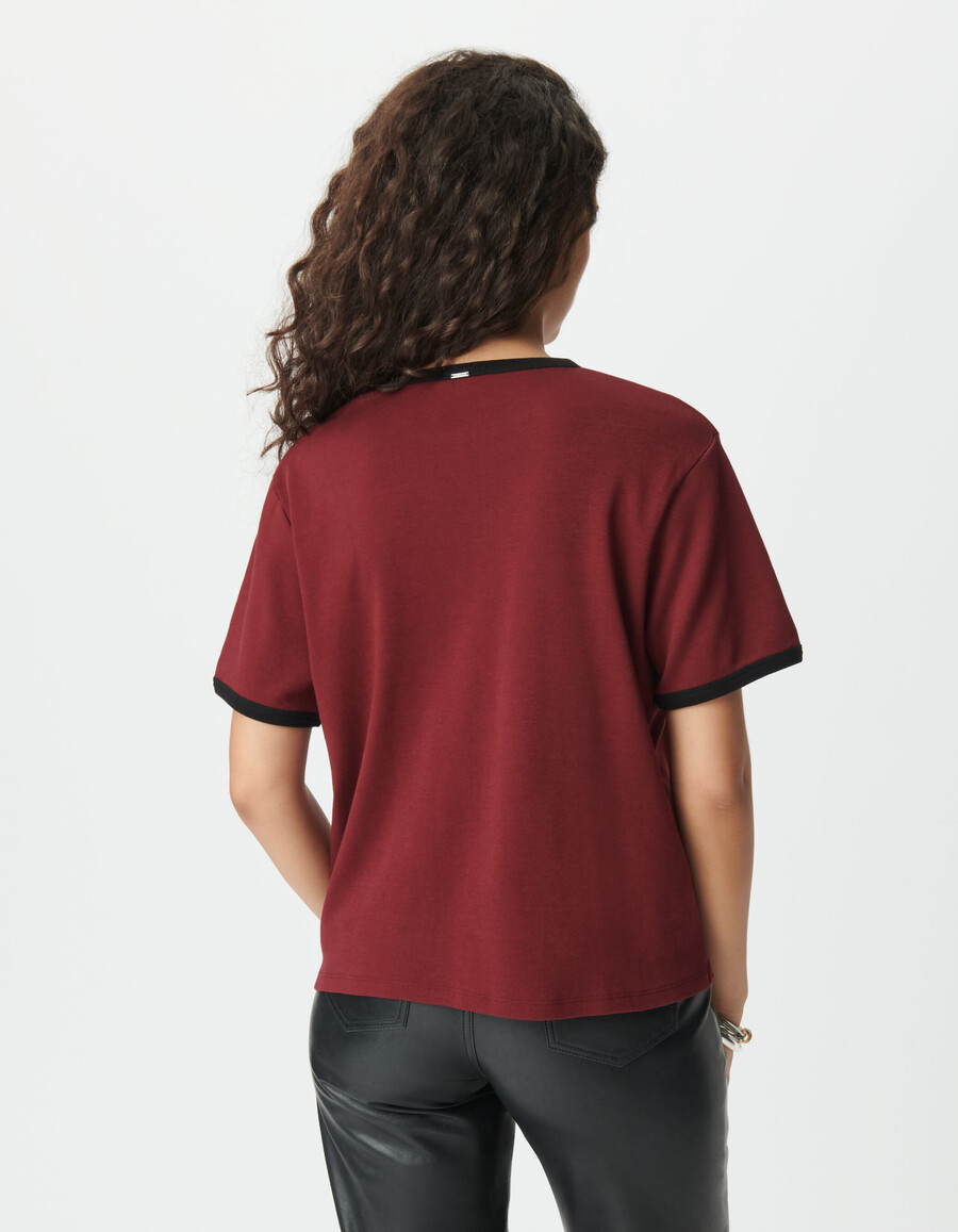 burgunderrotes damen-t-shirt mit beflocktem samt-slogan