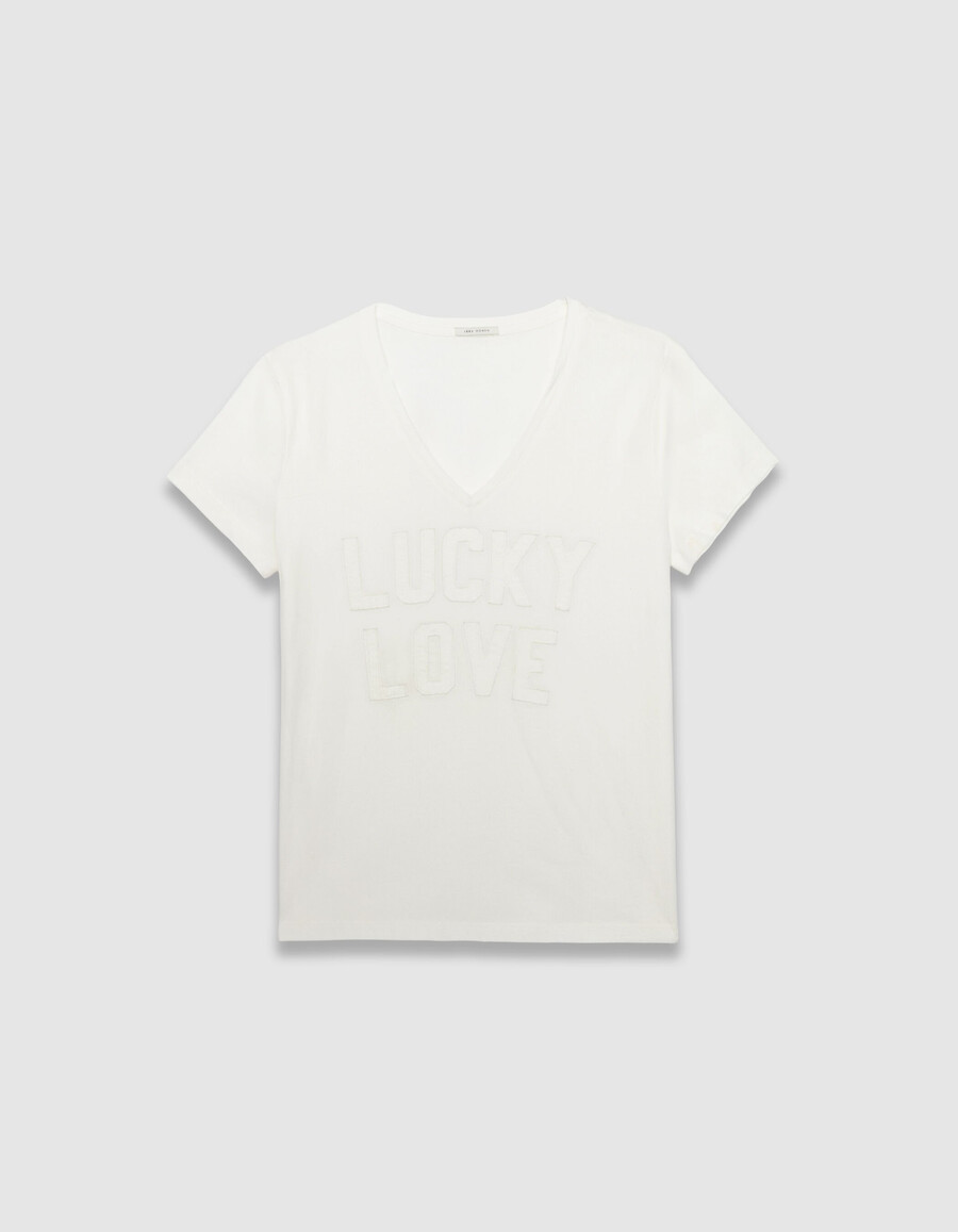 weißes damen-t-shirt aus bio-baumwolle mit gestickten buchstaben
