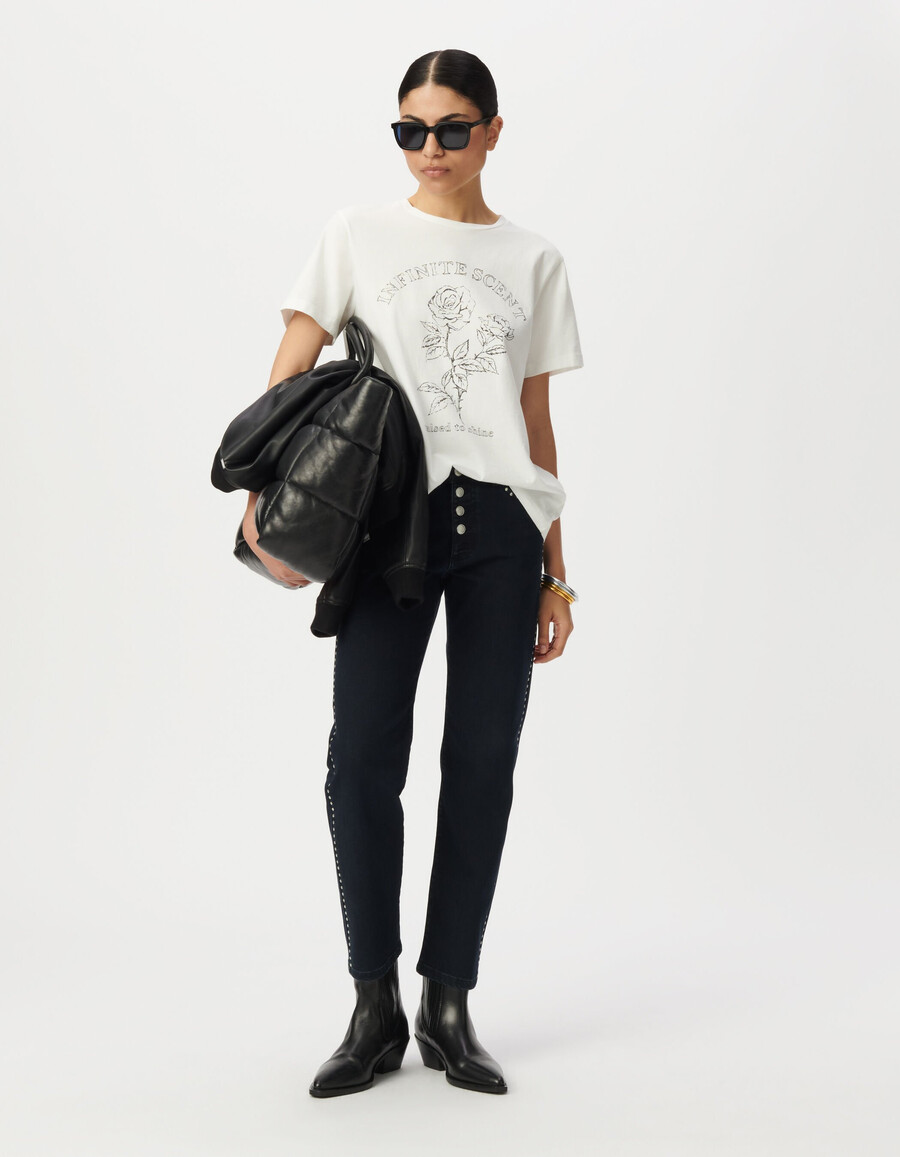 weißes damen-t-shirt aus bio-baumwolle mit slogan und rosen