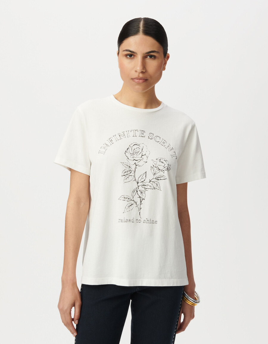 weißes damen-t-shirt aus bio-baumwolle mit slogan und rosen