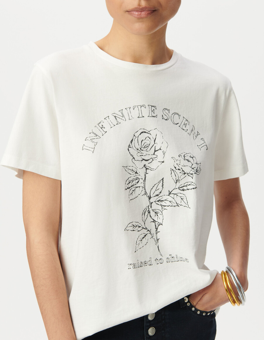 weißes damen-t-shirt aus bio-baumwolle mit slogan und rosen